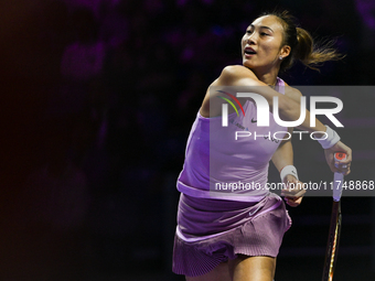 RIYADH, SAUDI ARABIA - NOVEMBER 06: Quinwen Zheng of China during her match against Jasmine Paolini of Italy, on Day 5 of the 2024 WTA Final...