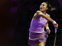 RIYADH, SAUDI ARABIA - NOVEMBER 06: Quinwen Zheng of China during her match against Jasmine Paolini of Italy, on Day 5 of the 2024 WTA Final...