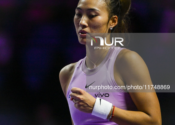 RIYADH, SAUDI ARABIA - NOVEMBER 06: Quinwen Zheng of China during her match against Jasmine Paolini of Italy, on Day 5 of the 2024 WTA Final...