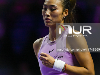 RIYADH, SAUDI ARABIA - NOVEMBER 06: Quinwen Zheng of China during her match against Jasmine Paolini of Italy, on Day 5 of the 2024 WTA Final...