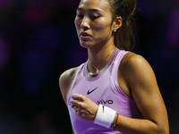 RIYADH, SAUDI ARABIA - NOVEMBER 06: Quinwen Zheng of China during her match against Jasmine Paolini of Italy, on Day 5 of the 2024 WTA Final...