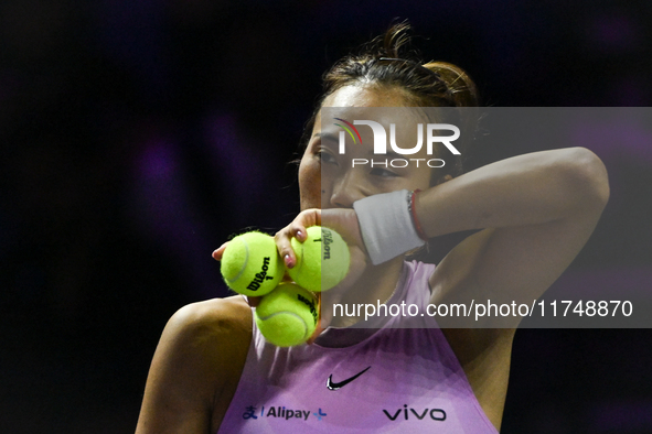 RIYADH, SAUDI ARABIA - NOVEMBER 06: Quinwen Zheng of China during her match against Jasmine Paolini of Italy, on Day 5 of the 2024 WTA Final...