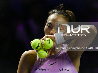 RIYADH, SAUDI ARABIA - NOVEMBER 06: Quinwen Zheng of China during her match against Jasmine Paolini of Italy, on Day 5 of the 2024 WTA Final...