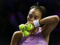 RIYADH, SAUDI ARABIA - NOVEMBER 06: Quinwen Zheng of China during her match against Jasmine Paolini of Italy, on Day 5 of the 2024 WTA Final...