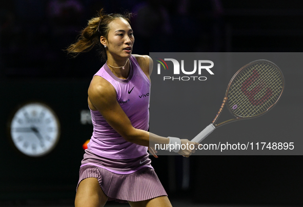 RIYADH, SAUDI ARABIA - NOVEMBER 06: Quinwen Zheng of China during her match against Jasmine Paolini of Italy, on Day 5 of the 2024 WTA Final...