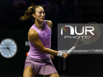 RIYADH, SAUDI ARABIA - NOVEMBER 06: Quinwen Zheng of China during her match against Jasmine Paolini of Italy, on Day 5 of the 2024 WTA Final...