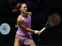 RIYADH, SAUDI ARABIA - NOVEMBER 06: Quinwen Zheng of China during her match against Jasmine Paolini of Italy, on Day 5 of the 2024 WTA Final...