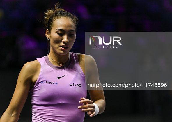 RIYADH, SAUDI ARABIA - NOVEMBER 06: Quinwen Zheng of China during her match against Jasmine Paolini of Italy, on Day 5 of the 2024 WTA Final...