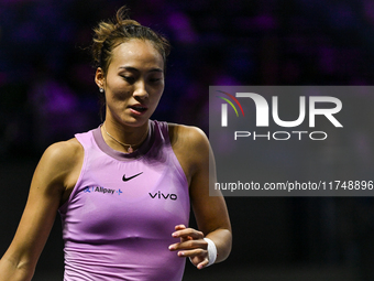 RIYADH, SAUDI ARABIA - NOVEMBER 06: Quinwen Zheng of China during her match against Jasmine Paolini of Italy, on Day 5 of the 2024 WTA Final...