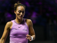 RIYADH, SAUDI ARABIA - NOVEMBER 06: Quinwen Zheng of China during her match against Jasmine Paolini of Italy, on Day 5 of the 2024 WTA Final...