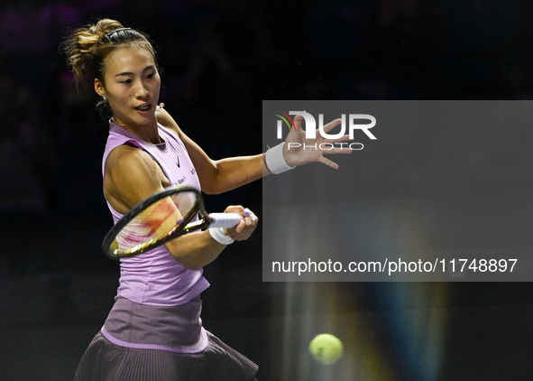 RIYADH, SAUDI ARABIA - NOVEMBER 06: Quinwen Zheng of China during her match against Jasmine Paolini of Italy, on Day 5 of the 2024 WTA Final...