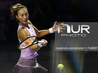 RIYADH, SAUDI ARABIA - NOVEMBER 06: Quinwen Zheng of China during her match against Jasmine Paolini of Italy, on Day 5 of the 2024 WTA Final...