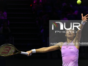 RIYADH, SAUDI ARABIA - NOVEMBER 06: Quinwen Zheng of China during her match against Jasmine Paolini of Italy, on Day 5 of the 2024 WTA Final...