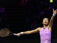 RIYADH, SAUDI ARABIA - NOVEMBER 06: Quinwen Zheng of China during her match against Jasmine Paolini of Italy, on Day 5 of the 2024 WTA Final...