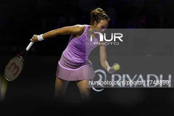 RIYADH, SAUDI ARABIA - NOVEMBER 06: Quinwen Zheng of China during her match against Jasmine Paolini of Italy, on Day 5 of the 2024 WTA Final...