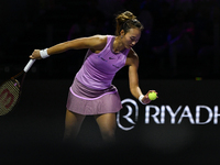 RIYADH, SAUDI ARABIA - NOVEMBER 06: Quinwen Zheng of China during her match against Jasmine Paolini of Italy, on Day 5 of the 2024 WTA Final...