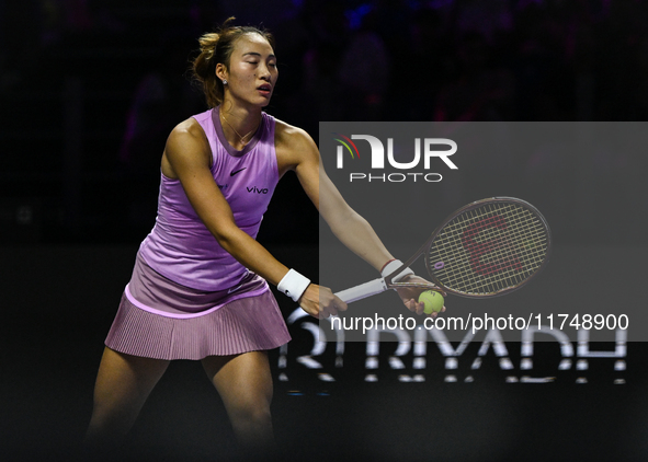 RIYADH, SAUDI ARABIA - NOVEMBER 06: Quinwen Zheng of China during her match against Jasmine Paolini of Italy, on Day 5 of the 2024 WTA Final...