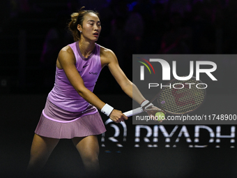 RIYADH, SAUDI ARABIA - NOVEMBER 06: Quinwen Zheng of China during her match against Jasmine Paolini of Italy, on Day 5 of the 2024 WTA Final...