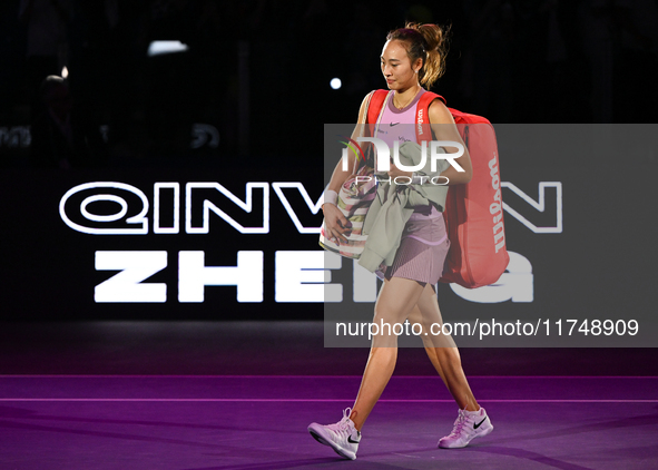 RIYADH, SAUDI ARABIA - NOVEMBER 06: Quinwen Zheng of China after her win  against Jasmine Paolini of Italy, on Day 5 of the 2024 WTA Finals,...