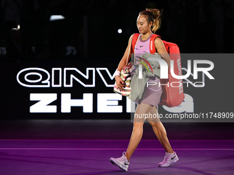 RIYADH, SAUDI ARABIA - NOVEMBER 06: Quinwen Zheng of China after her win  against Jasmine Paolini of Italy, on Day 5 of the 2024 WTA Finals,...