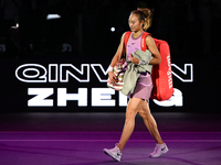 RIYADH, SAUDI ARABIA - NOVEMBER 06: Quinwen Zheng of China after her win  against Jasmine Paolini of Italy, on Day 5 of the 2024 WTA Finals,...