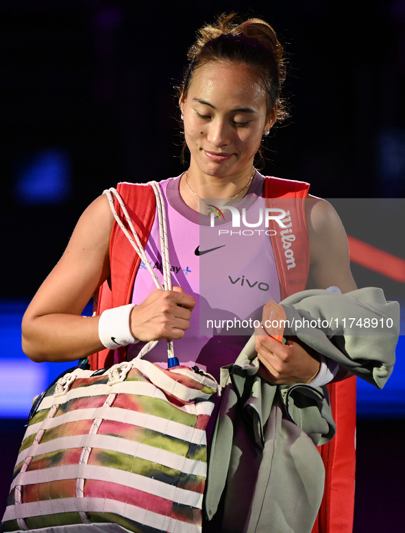 RIYADH, SAUDI ARABIA - NOVEMBER 06: Quinwen Zheng of China after her win  against Jasmine Paolini of Italy, on Day 5 of the 2024 WTA Finals,...