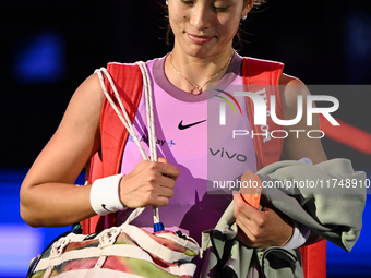 RIYADH, SAUDI ARABIA - NOVEMBER 06: Quinwen Zheng of China after her win  against Jasmine Paolini of Italy, on Day 5 of the 2024 WTA Finals,...