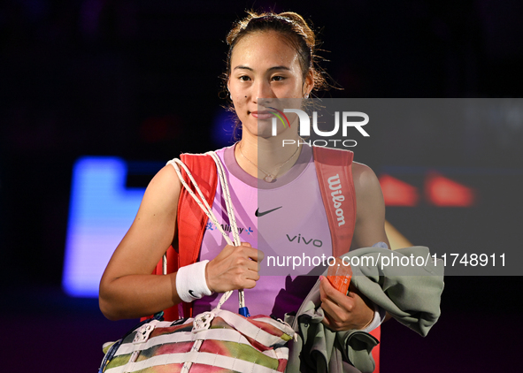 RIYADH, SAUDI ARABIA - NOVEMBER 06: Quinwen Zheng of China after her win  against Jasmine Paolini of Italy, on Day 5 of the 2024 WTA Finals,...