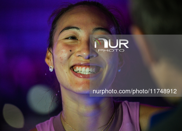 RIYADH, SAUDI ARABIA - NOVEMBER 06: Quinwen Zheng of China speaks to the media after her win  against Jasmine Paolini of Italy, on Day 5 of...