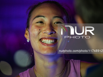 RIYADH, SAUDI ARABIA - NOVEMBER 06: Quinwen Zheng of China speaks to the media after her win  against Jasmine Paolini of Italy, on Day 5 of...