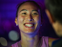 RIYADH, SAUDI ARABIA - NOVEMBER 06: Quinwen Zheng of China speaks to the media after her win  against Jasmine Paolini of Italy, on Day 5 of...