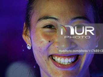 RIYADH, SAUDI ARABIA - NOVEMBER 06: Quinwen Zheng of China speaks to the media after her win  against Jasmine Paolini of Italy, on Day 5 of...