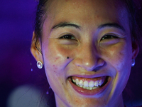 RIYADH, SAUDI ARABIA - NOVEMBER 06: Quinwen Zheng of China speaks to the media after her win  against Jasmine Paolini of Italy, on Day 5 of...