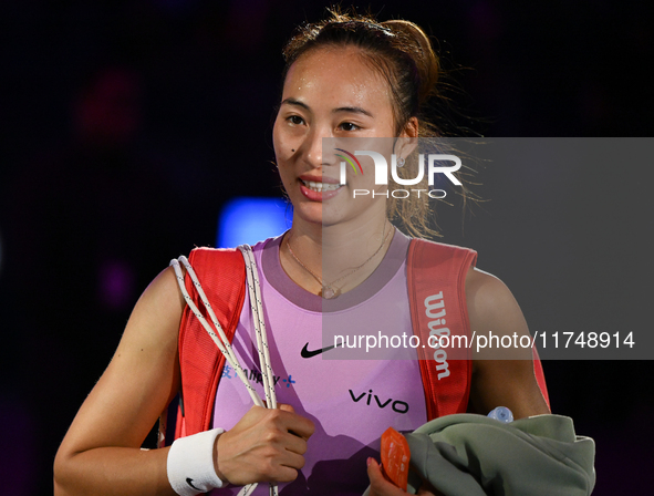 RIYADH, SAUDI ARABIA - NOVEMBER 06: Quinwen Zheng of China speaks to the media after her win  against Jasmine Paolini of Italy, on Day 5 of...