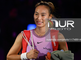 RIYADH, SAUDI ARABIA - NOVEMBER 06: Quinwen Zheng of China speaks to the media after her win  against Jasmine Paolini of Italy, on Day 5 of...