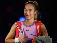 RIYADH, SAUDI ARABIA - NOVEMBER 06: Quinwen Zheng of China speaks to the media after her win  against Jasmine Paolini of Italy, on Day 5 of...