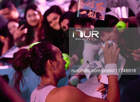 RIYADH, SAUDI ARABIA - NOVEMBER 06: Quinwen Zheng of China meets her fans after her win against Jasmine Paolini of Italy, on Day 5 of the 20...