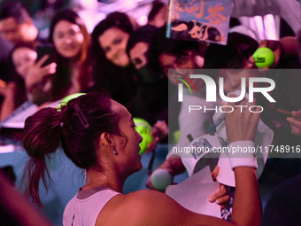 RIYADH, SAUDI ARABIA - NOVEMBER 06: Quinwen Zheng of China meets her fans after her win against Jasmine Paolini of Italy, on Day 5 of the 20...