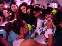 RIYADH, SAUDI ARABIA - NOVEMBER 06: Quinwen Zheng of China meets her fans after her win against Jasmine Paolini of Italy, on Day 5 of the 20...