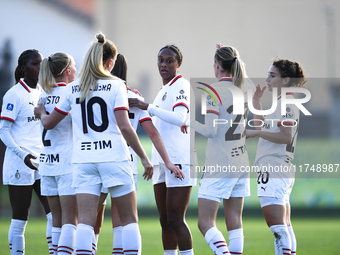 Milan celebrates a goal during the Women's Coppa Italia match between Freedom Cuneo and AC Milan in Cuneo, Italy, on November 6, 2024, at St...