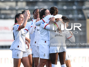 Gloria Marinelli of Milan Women celebrates a goal with her teammates during the Women Coppa Italia match between Freedom Cuneo and AC Milan...