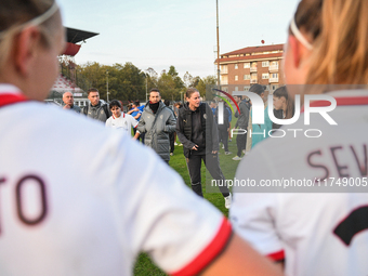 Suzanne Bakker, head coach of Milan Women, talks with her team at the end of the Women Coppa Italia match between Freedom Cuneo and AC Milan...