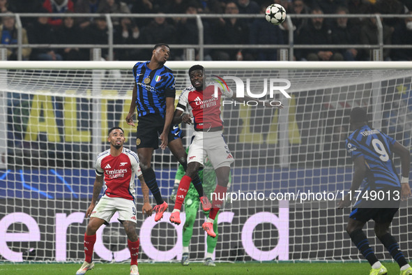 Denzel Dumfries of FC Inter participates in the UEFA Champions League stage match Phase MD4 between Inter FC Internazionale and Arsenal FC i...