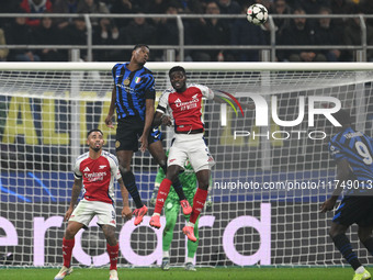 Denzel Dumfries of FC Inter participates in the UEFA Champions League stage match Phase MD4 between Inter FC Internazionale and Arsenal FC i...