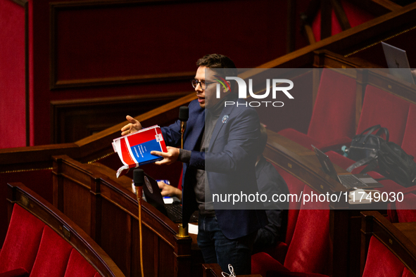 Hadrien Clouet, French MP and deputy of the La France Insoumise group (LFI) and member of the NFP, speaks during the session following the d...