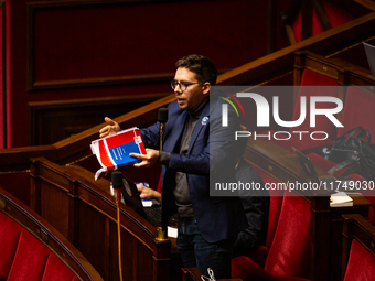 Hadrien Clouet, French MP and deputy of the La France Insoumise group (LFI) and member of the NFP, speaks during the session following the d...