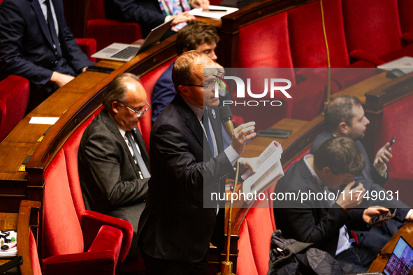 Thibault Bazin, deputy of the Droite Republicaine parliamentary group, speaks during the session following the discussion of the social secu...