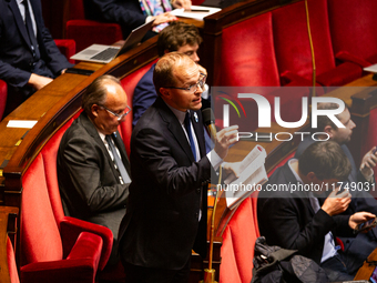 Thibault Bazin, deputy of the Droite Republicaine parliamentary group, speaks during the session following the discussion of the social secu...