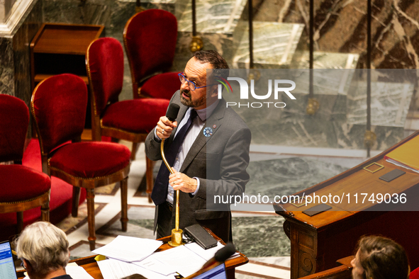 Yannick Neuder, deputy of the Droite Republicaine group, DR, right-wing party, and reporter for the Social Affairs Committee, speaks during...