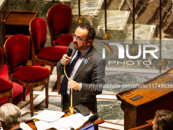 Yannick Neuder, deputy of the Droite Republicaine group, DR, right-wing party, and reporter for the Social Affairs Committee, speaks during...